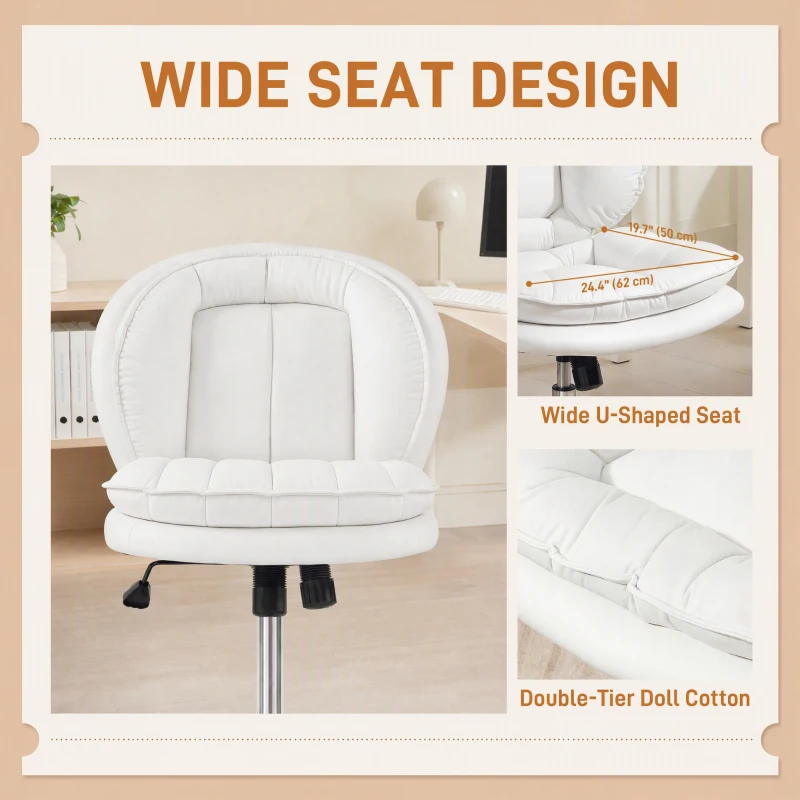 HOMCOM Armless office chair, Swivel Wide Office Chair with Leathaire Upholstery, Tilting, No Arm, White