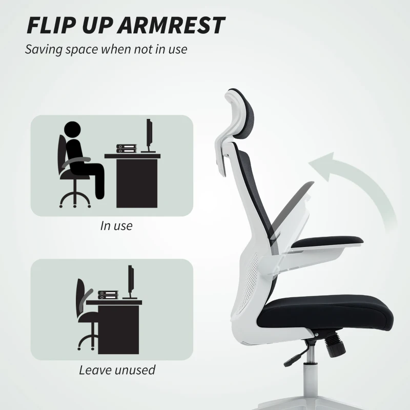HOMCOM Ergonomic Office Chair, Swivel Desk Chair with Adjustable Lumbar Support, Headrest and Height, Flip-up Armrests, Black