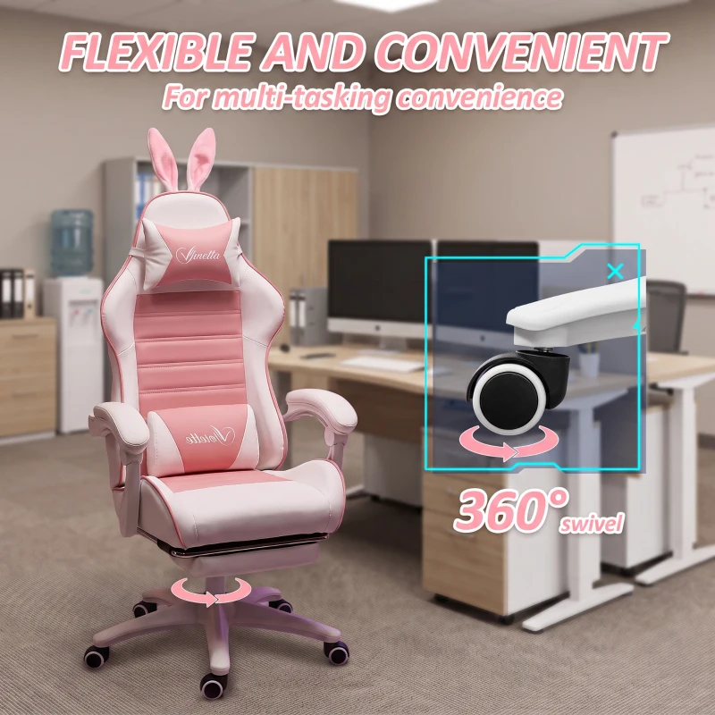 HOMCOM Cute Racing Gamer Chair, PU Leather Gaming Chair with Footrest, Headrest and Lumbar Support, Pink