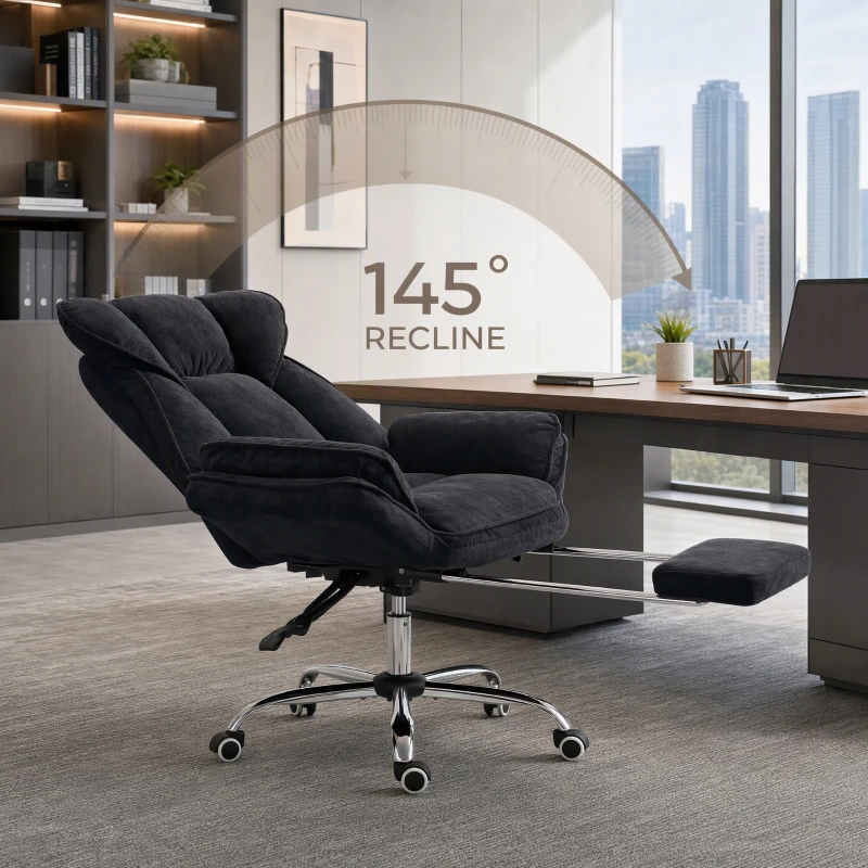 HOMCOM Big and Tall Office Chair Footrest Executive Desk Chair High Back Snowflake Velvet Reclining, Black