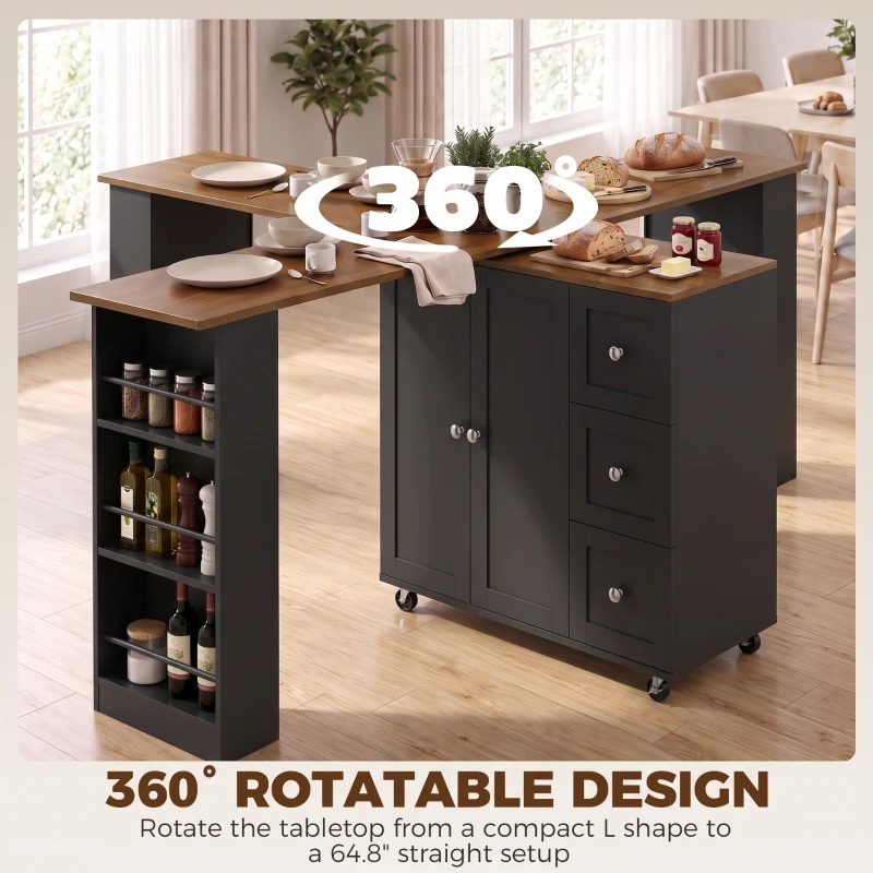 HOMCOM Bar Table with Storage Counter Height Table 3 Drawers Side Shelves, Walnut and Black