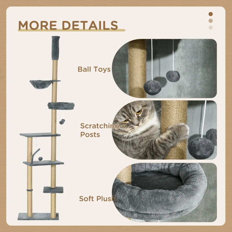 PawHut Floor to Ceiling Cat Tree, 90.5" - 98.5" Cat Tower with Scratching Post, Dangling Balls, Platforms, Bed, Hammock, Grey