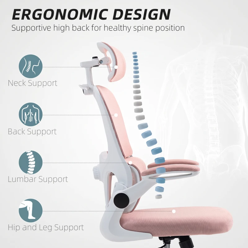 HOMCOM Mesh Office Chair, Ergonomic Desk Chair with Flip-up Armrest, Rotatable Headrest, Adjustable Lumbar Support, Pink