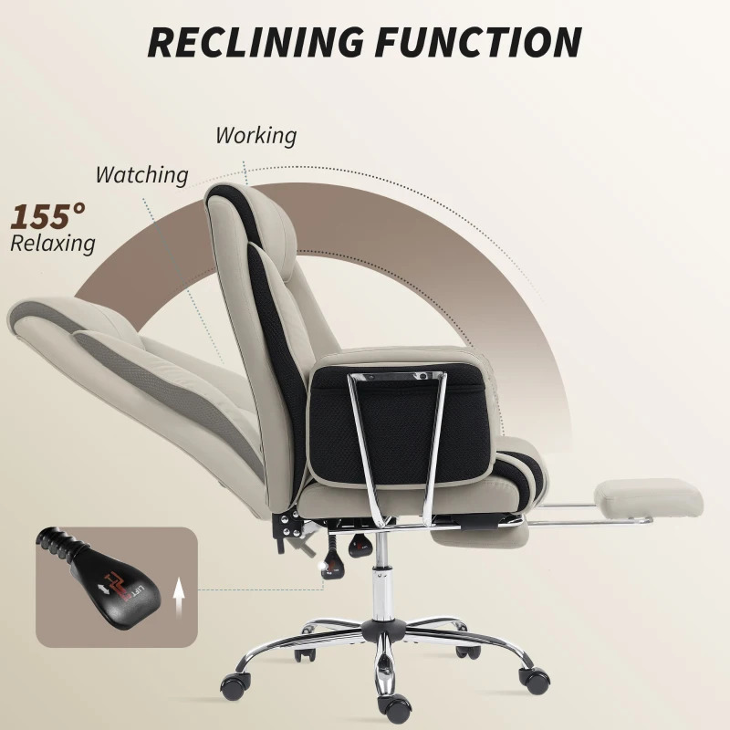 HOMCOM Reclining Office Chair, Overstuffed Executive Desk Chair with High Back, PU Leather, Footrest, Swivel Wheels, Grey