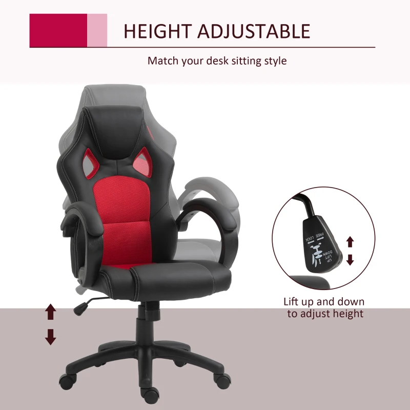 HOMCOM Racing Gaming Chair Office Chair Computer Gamer Chair with Swivel Wheels, Padded Headrest, Tilt Function, Red