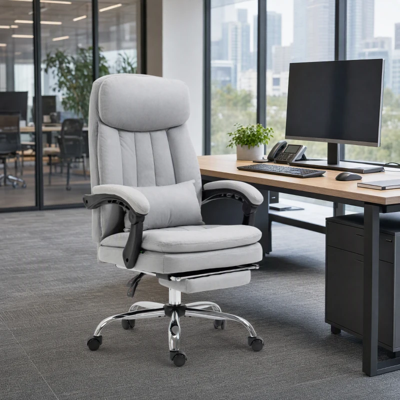 Vinsetto High Back Office Chair, Microfibre Computer Desk Chair with Lumbar Support Pillow, Foot Rest, Reclining Back, Arm, Grey