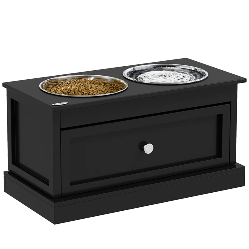 PawHut Elevated Dog Bowls with Storage Drawer, Raised Dog Bowl Stand Pet Food Bowl Dog Feeding Station, Black