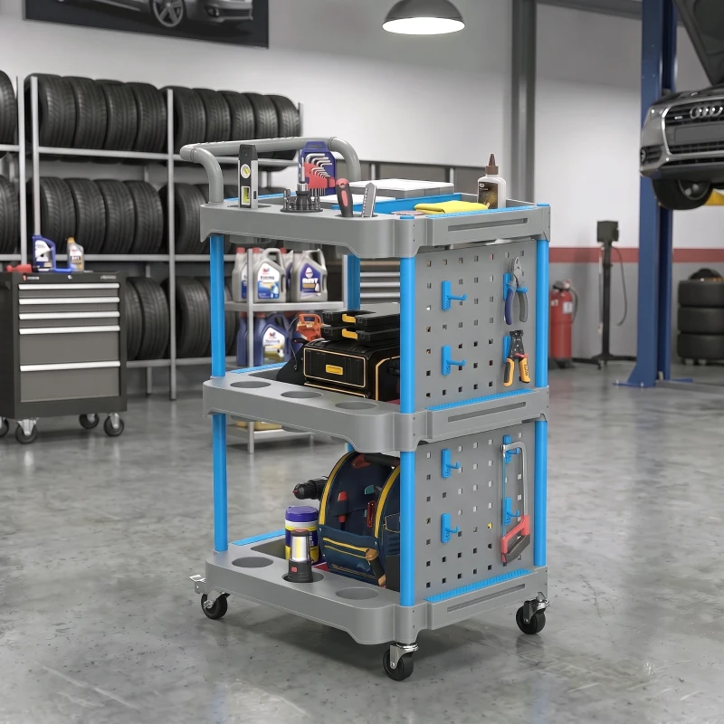 HOMCOM 3-Tier Rolling Tool Cart with Pegboard and Hooks, 286 LBS Capacity, Mobile Organizer, Gray and Blue