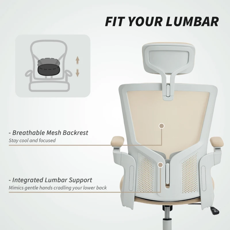 HOMCOM Ergonomic Office Chair, Swivel Desk Chair with Adjustable Lumbar Support, Headrest and Height, Flip-up Armrests, Beige