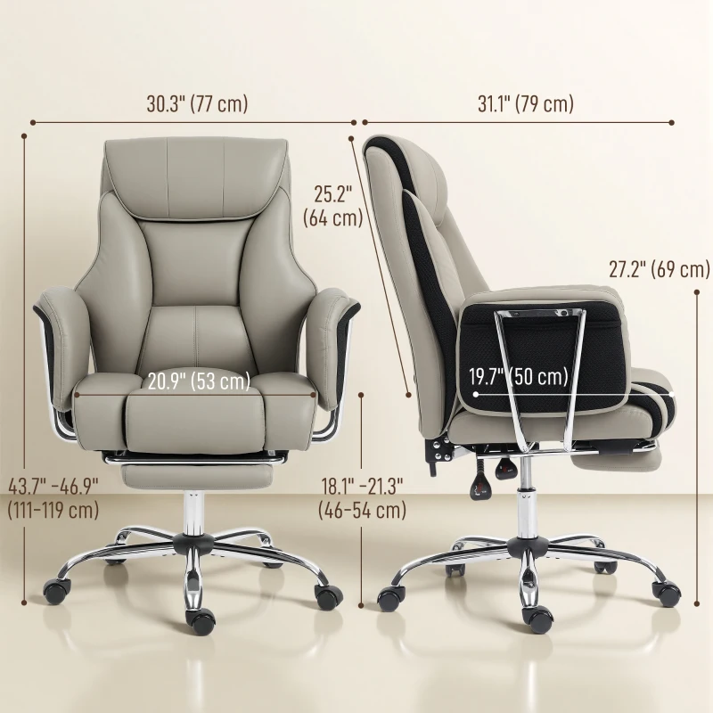 HOMCOM Reclining Office Chair, Overstuffed Executive Desk Chair with High Back, PU Leather, Footrest, Swivel Wheels, Grey