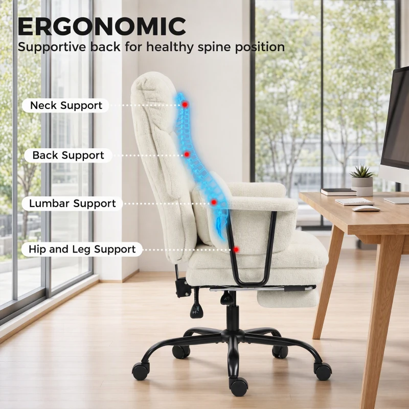 HOMCOM Office Chair, 400 lbs Heavy Duty Linen Computer Desk Chair with Lumbar Support, Wide Seat, Spring Cushion, Cream White