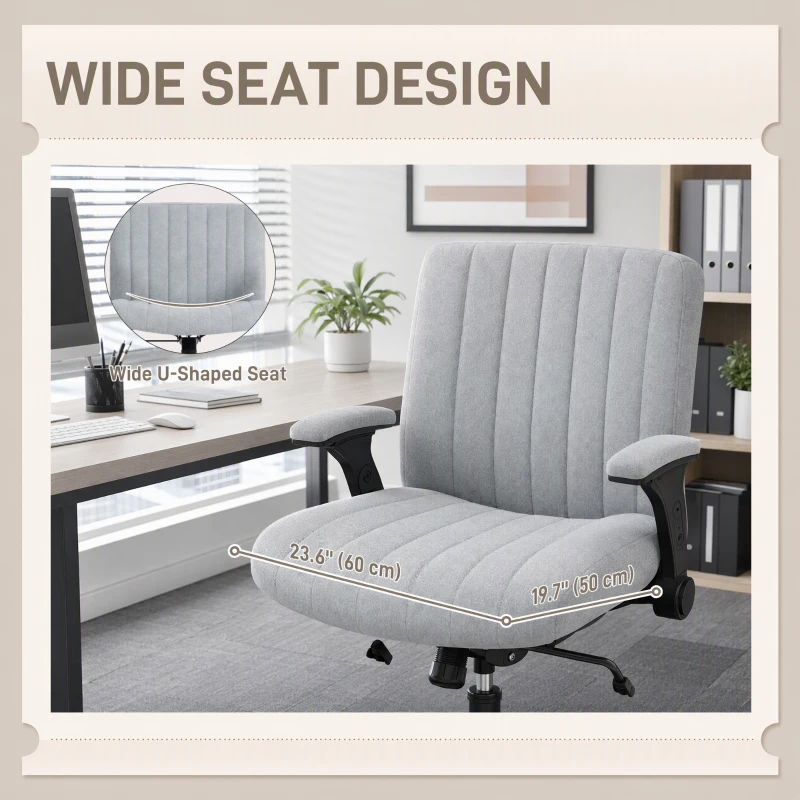 HOMCOM Armless Office Chair with Flip-up Armrests, Wheels, Wide Office Chair with Adjustable Height, Tilting, Grey