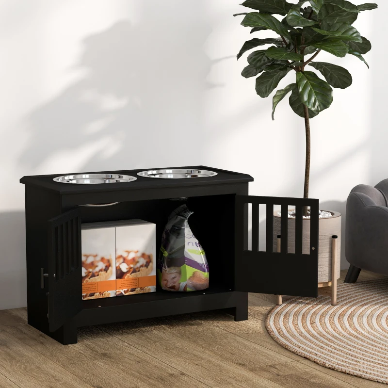 PawHut Dog Food Storage Cabinet with Bowls & Dog Feeding Station, Black