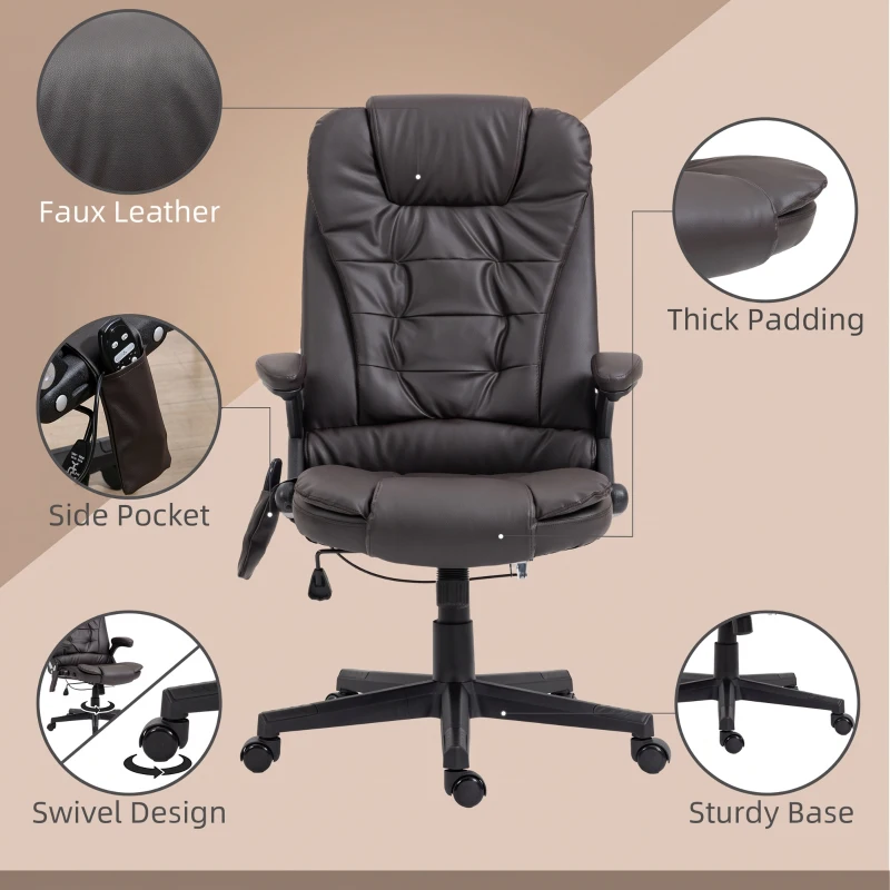 HOMCOM Office Chair Heated Ergonomic Massage Swivel Vibrating High Back Faux Leather Executive Chair Office (Brown)