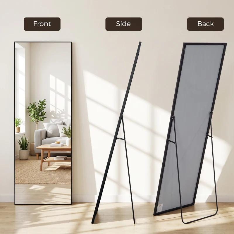 HOMCOM 64"x20" Full Length Mirror, Tempered Glass Floor Mirror with Stand, Standing, Hanging or Leaning Against Wall, Black