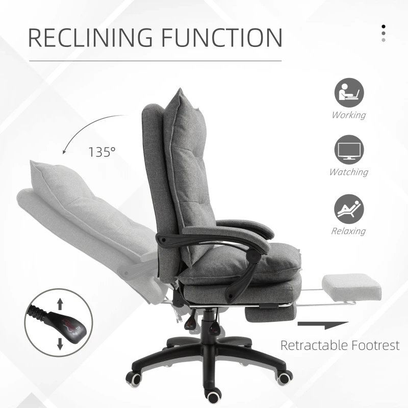 Vinsetto Office Chair 360° Swivel Adjustable Height Linen Style Fabric Recliner with Retractable Footrest and Double Padding, Grey