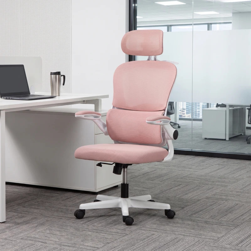 HOMCOM Mesh Office Chair, Ergonomic Desk Chair with Flip-up Armrest, Rotatable Headrest, Adjustable Lumbar Support, Pink