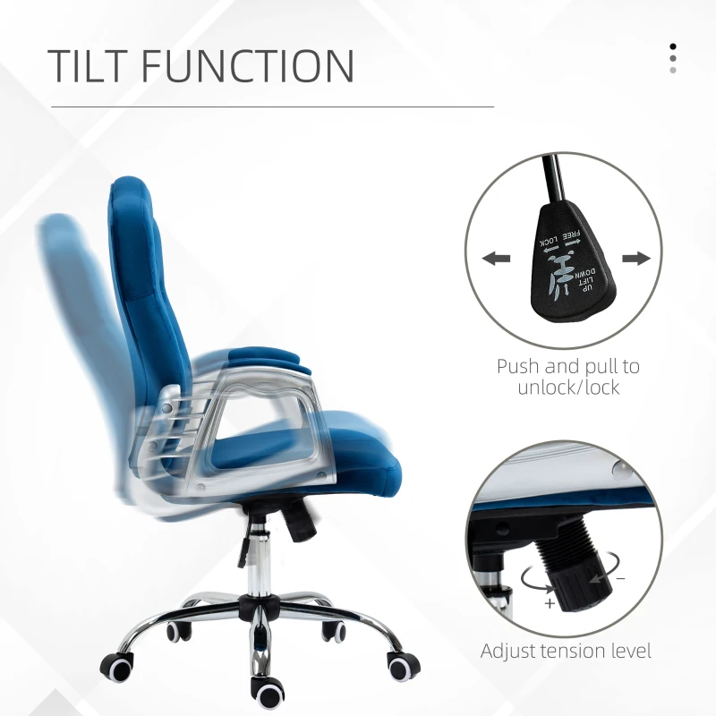 Vinsetto Office Chair, Velvet Computer Desk Chair with Swivel Wheels, Adjustable Height, Tilt Function, Dark Blue