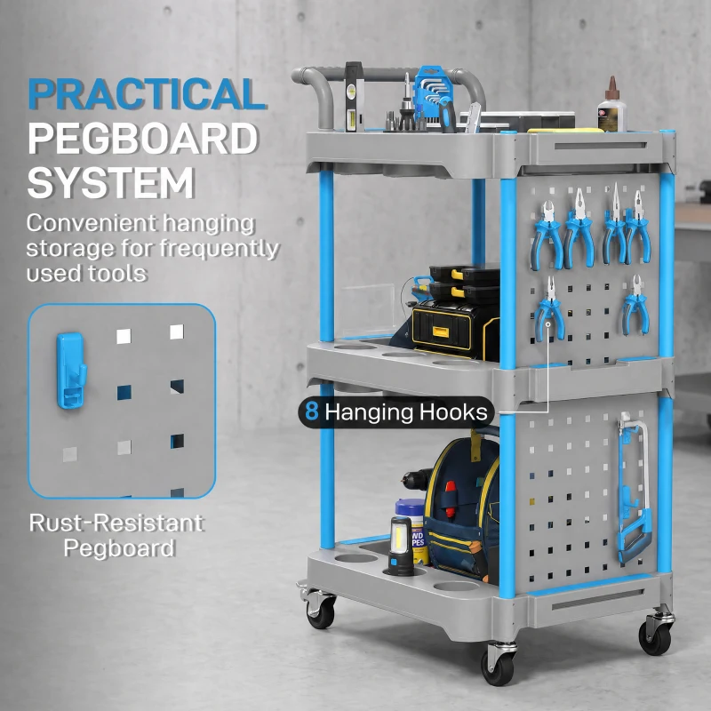 HOMCOM 3-Tier Rolling Tool Cart with Pegboard and Hooks, 286 LBS Capacity, Mobile Organizer, Gray and Blue