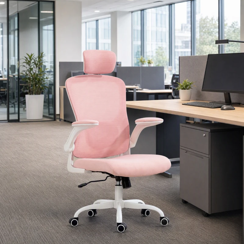 HOMCOM Ergonomic Office Chair, Mesh Desk Chair with Adjustable Headrest, Lumbar Support and Height, Flip-Up Armrests, Pink