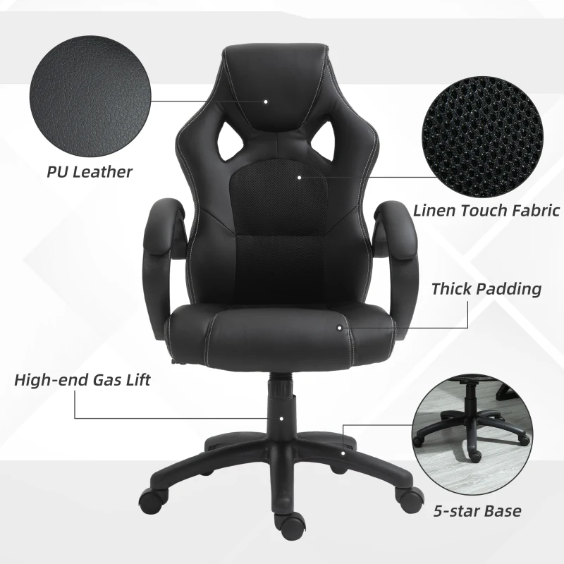HOMCOM Racing Gaming Chair Computer Gamer Chair with Swivel Wheels, Padded Headrest, Tilt Function, Black