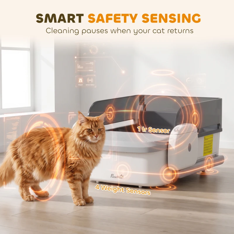 PawHut Self Cleaning Cat Litter Box, Automatic Litter Box with App Control, Open-Top, 10L Waste Bin, Gray
