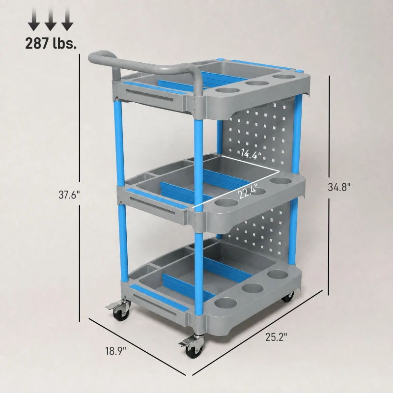 HOMCOM 3-Tier Rolling Tool Cart with Pegboard and Hooks, 286 LBS Capacity, Mobile Organizer, Gray and Blue