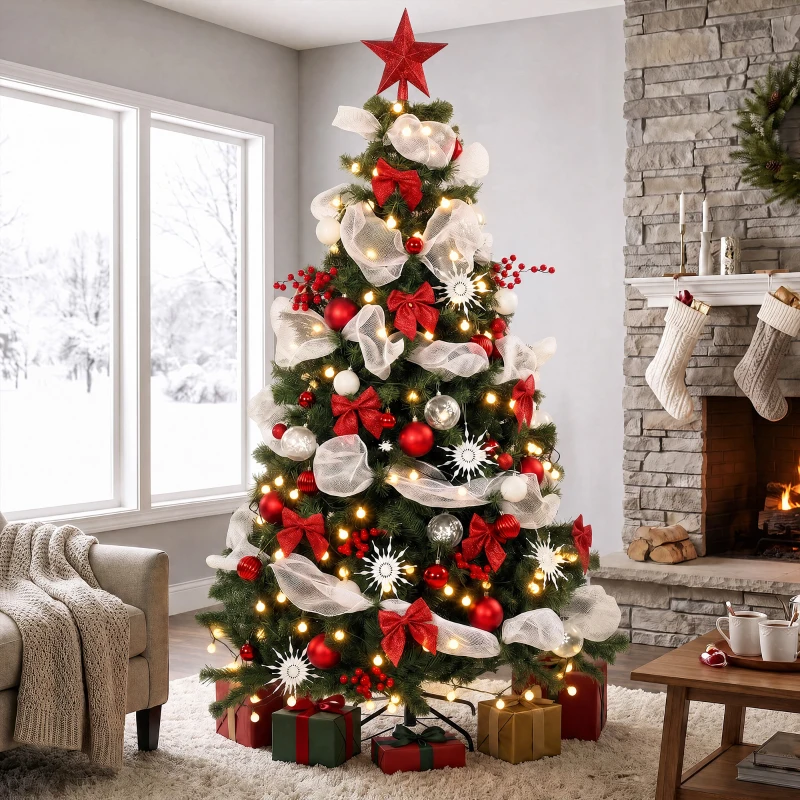 HOMCOM 6ft Prelit Christmas Tree Spruce, Remote, Hinged, Artificial Xmas Tree with 8 Modes, 800 Tips, 200 LEDs, Green Red
