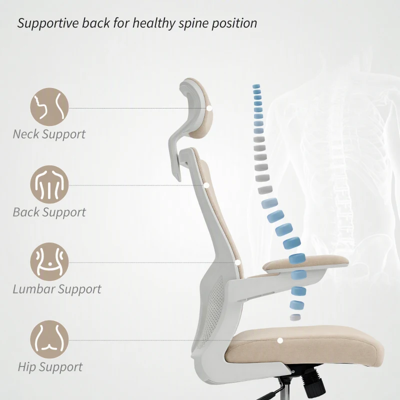 HOMCOM Ergonomic Office Chair, Swivel Desk Chair with Adjustable Lumbar Support, Headrest and Height, Flip-up Armrests, Beige