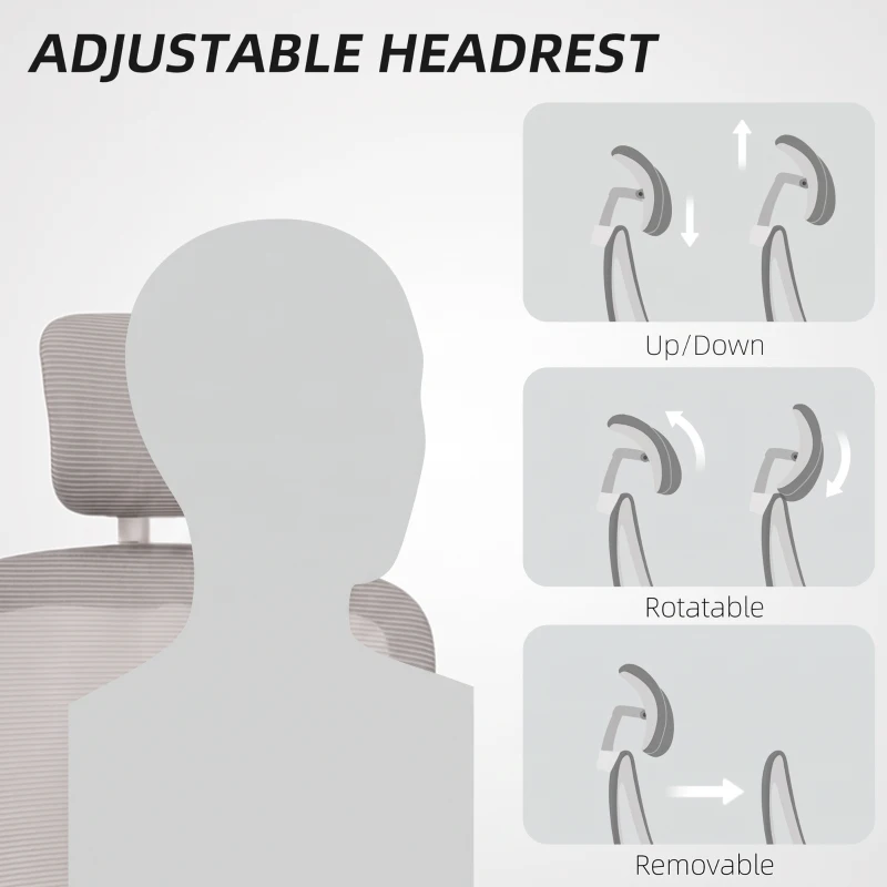HOMCOM Ergonomic Mesh Office Chair, High Back Desk Chair with Rotatable Headrest, Flip-Up Armrests, Lumbar Support, Grey, White