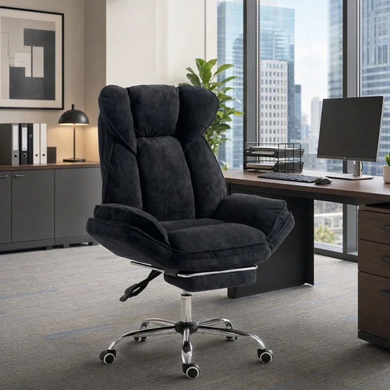 HOMCOM Big and Tall Office Chair Footrest Executive Desk Chair High Back Snowflake Velvet Reclining, Black