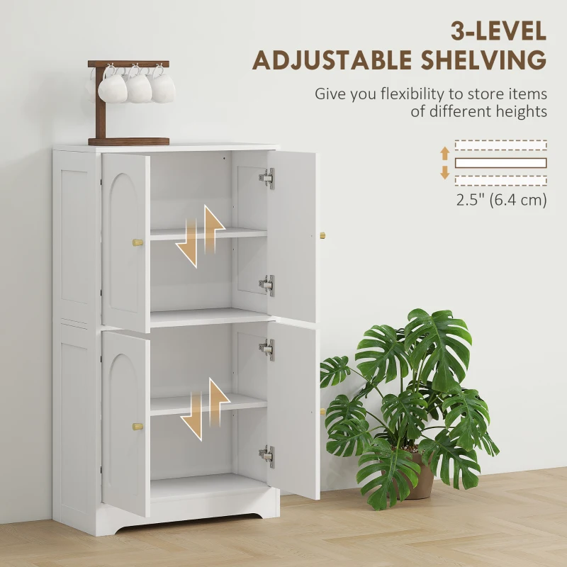 HOMCOM 43" Kitchen Pantry Cabinet, Freestanding Modern Storage Cabinet with 4 Arched Doors and 2 Adjustable Shelves, White