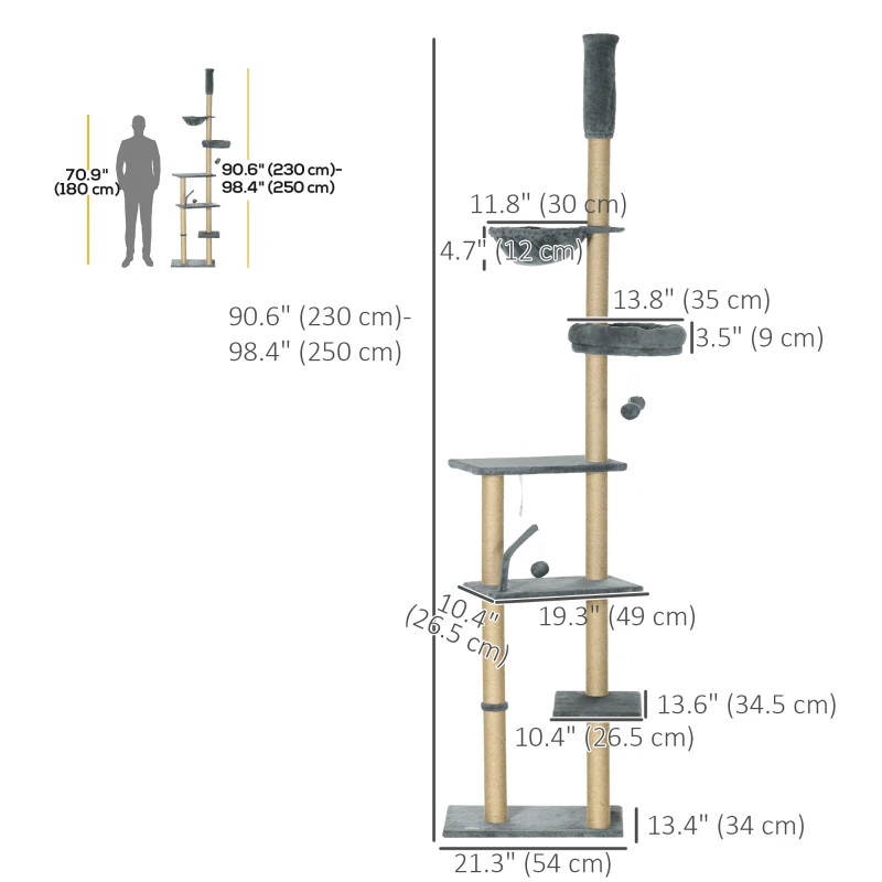 PawHut Floor to Ceiling Cat Tree, 90.5" - 98.5" Cat Tower with Scratching Post, Dangling Balls, Platforms, Bed, Hammock, Grey