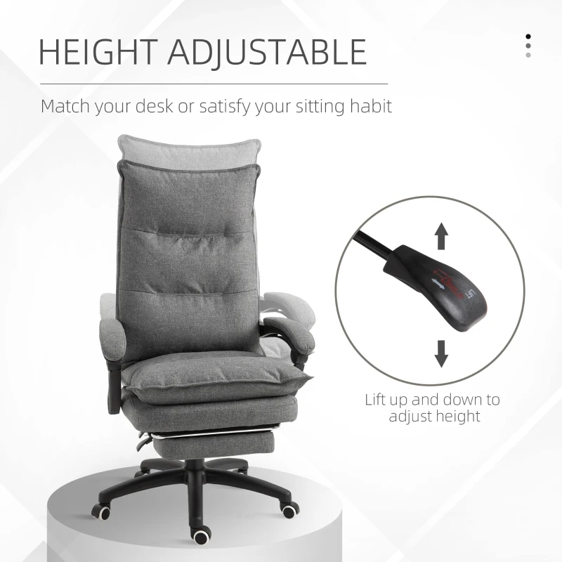 Vinsetto Office Chair 360° Swivel Adjustable Height Linen Style Fabric Recliner with Retractable Footrest and Double Padding, Grey