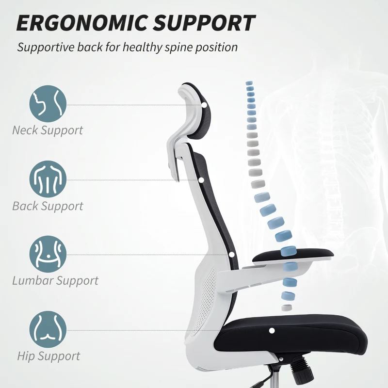 HOMCOM Ergonomic Office Chair, Swivel Desk Chair with Adjustable Lumbar Support, Headrest and Height, Flip-up Armrests, Black