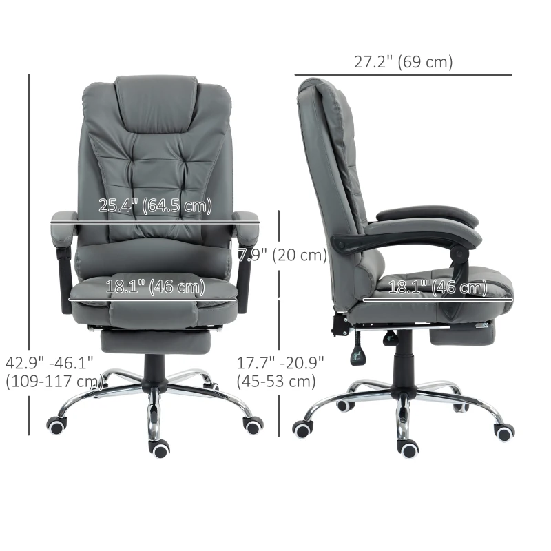 HOMCOM High Back Office Chair PU Leather Executive Office Chair with Retractable Footrest Padded Armrest Grey