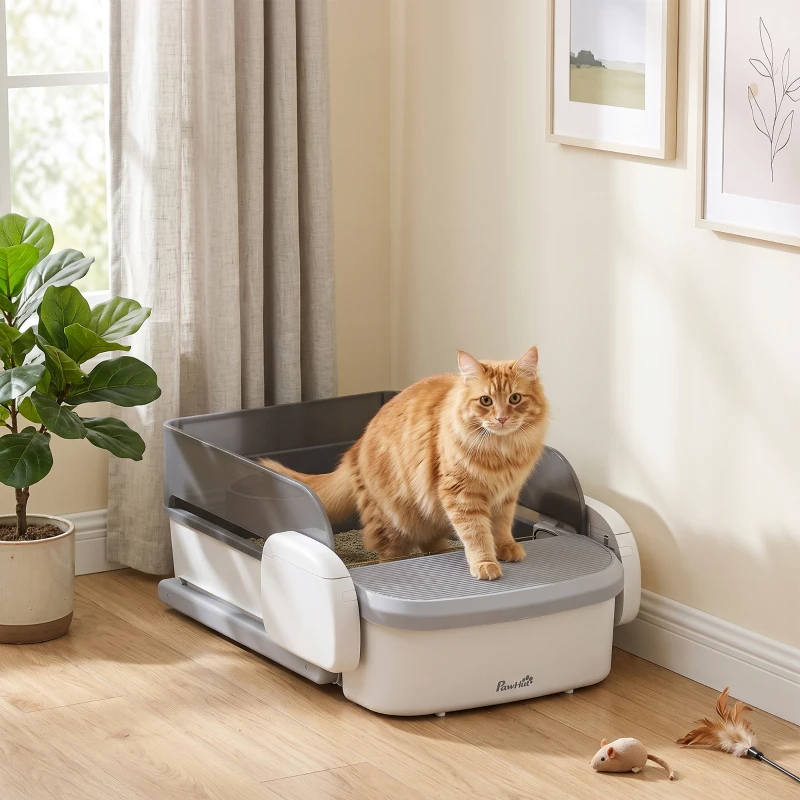 PawHut Self Cleaning Cat Litter Box, Automatic Litter Box with App Control, Open-Top, 10L Waste Bin, Gray
