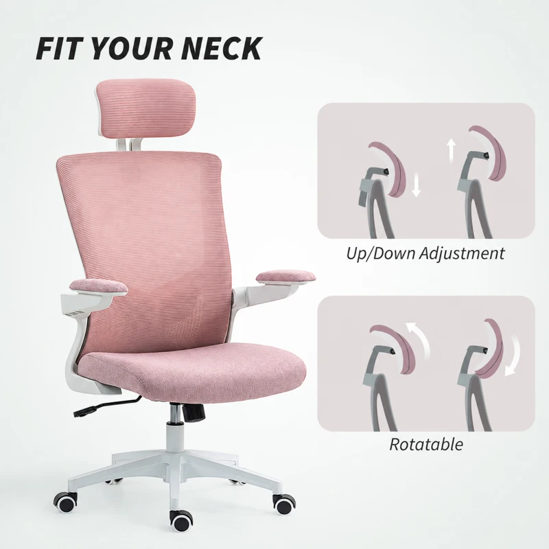 HOMCOM Ergonomic Office Chair, Swivel Desk Chair with Adjustable Lumbar Support, Headrest and Height, Flip-up Armrests, Pink