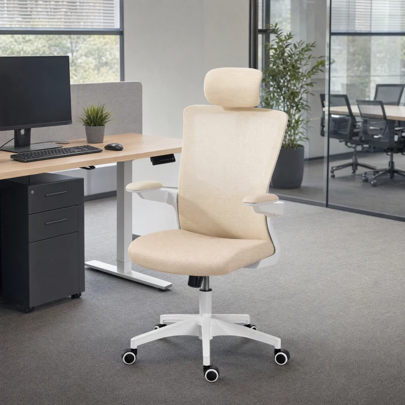 HOMCOM Ergonomic Office Chair, Swivel Desk Chair with Adjustable Lumbar Support, Headrest and Height, Flip-up Armrests, Beige
