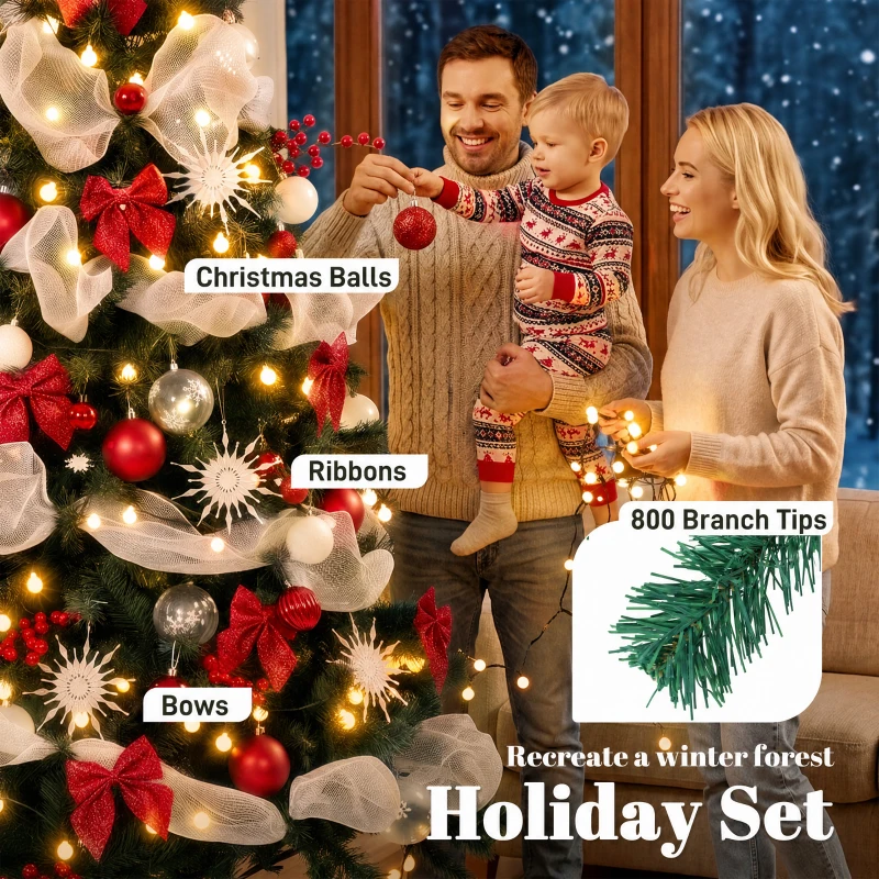 HOMCOM 6ft Prelit Christmas Tree Spruce, Remote, Hinged, Artificial Xmas Tree with 8 Modes, 800 Tips, 200 LEDs, Green Red