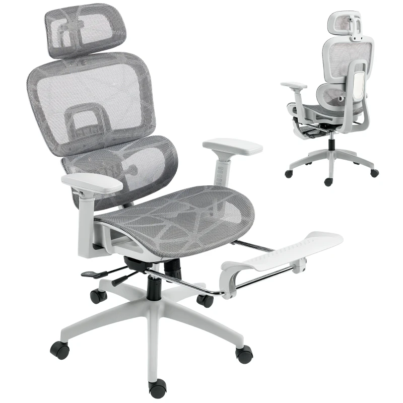 HOMCOM Ergonomic Office Chair with Lumbar Support, Mesh Office Chair with 3D Armrest, 135° Reclining, Adjustable Headrest, Grey