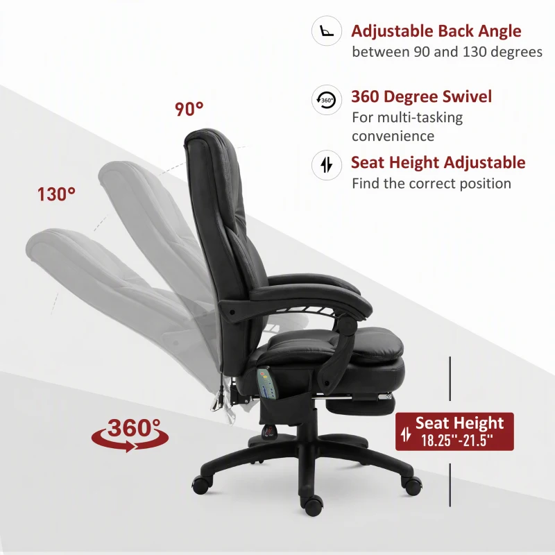 Vinsetto Office Chair High Back 6-Point Vibration Massage Reclining 360° Swivel Height Adjustable with Retractable Footrest