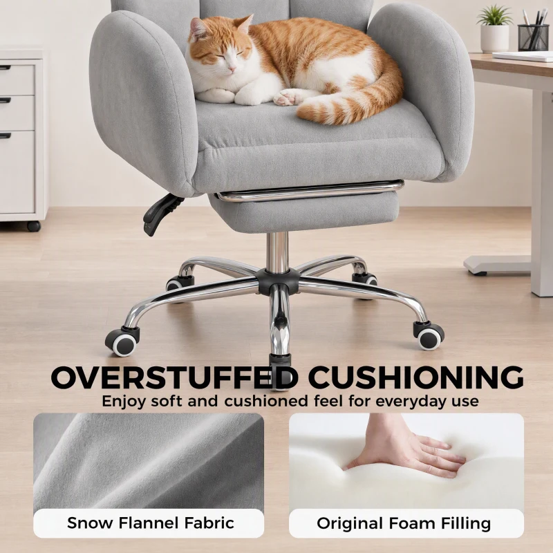 HOMCOM wide-seat Office Chair with Footrest, 90°-180° Flip Armrests, Task Desk Chair, Light Grey