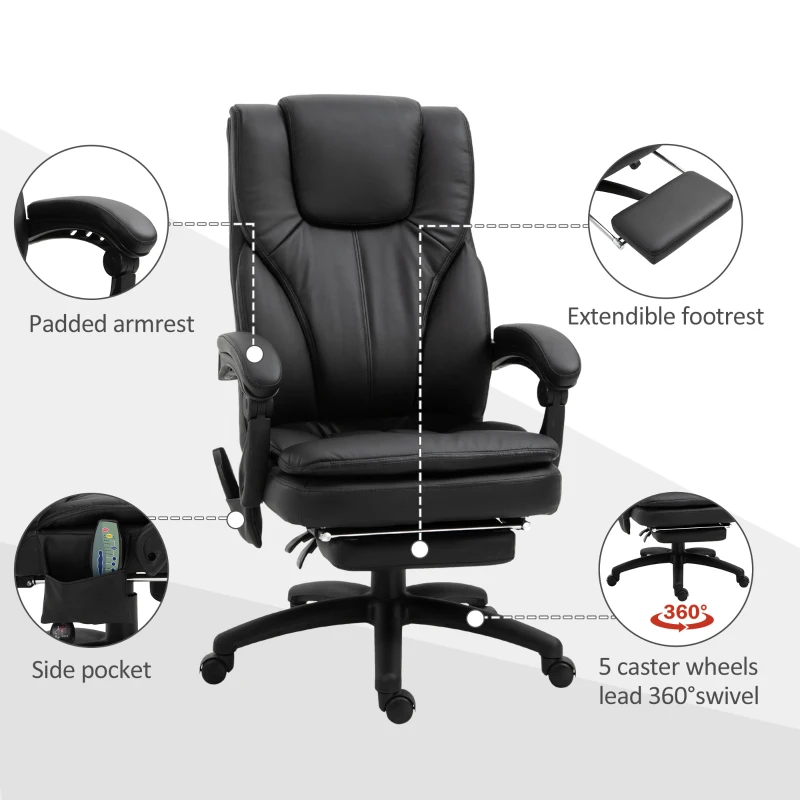 Vinsetto Office Chair High Back 6-Point Vibration Massage Reclining 360° Swivel Height Adjustable with Retractable Footrest