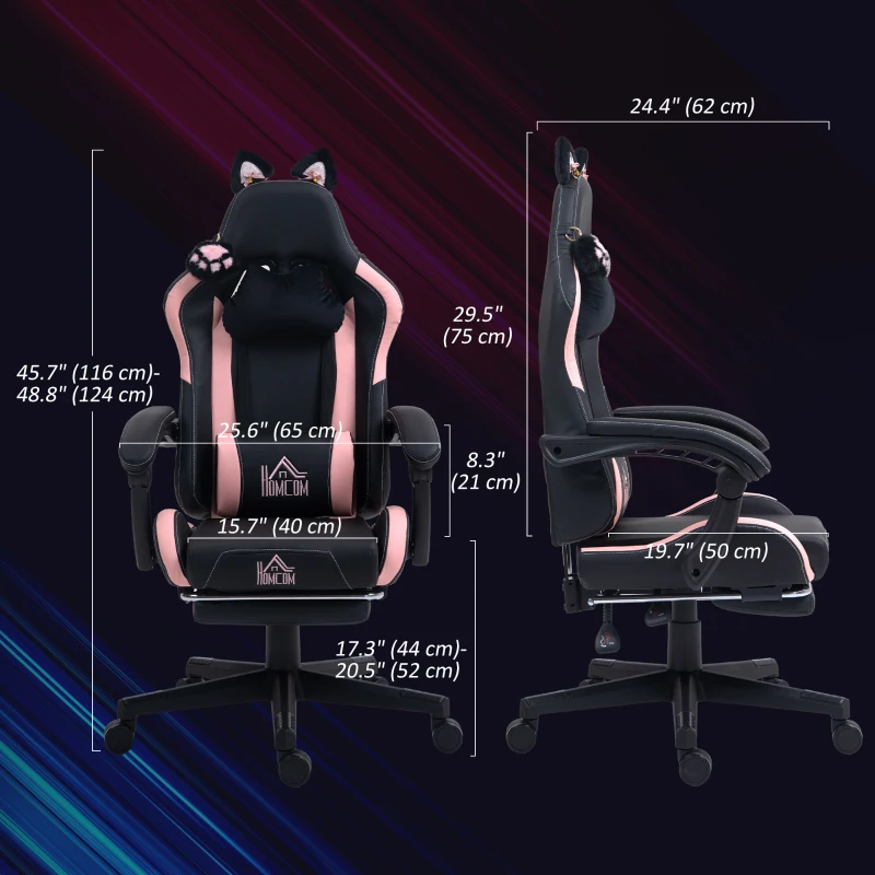 HOMCOM Cute Racing Gamer Chair, Faux Leather Gaming Chair with Footrest, Headrest and Lumbar Support, Black
