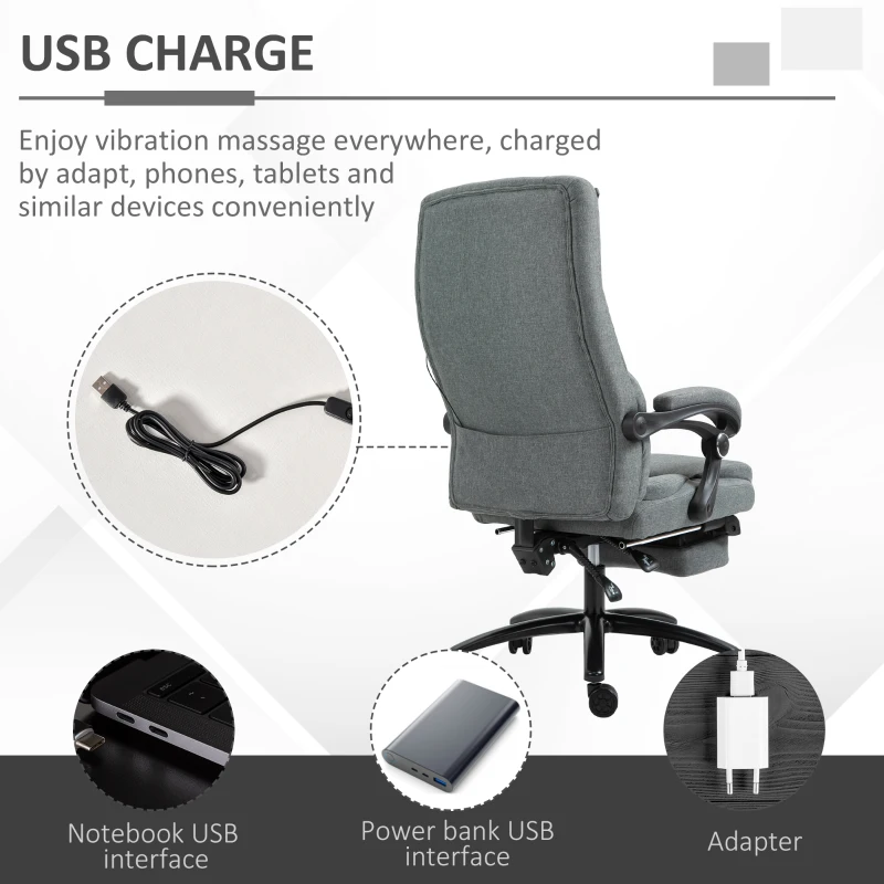 Vinsetto High-Back Massage Office Chair, Swivel Reclining Chair with 2-Point Vibration Removable Headrest, USB Power and Adjustable Height, Grey