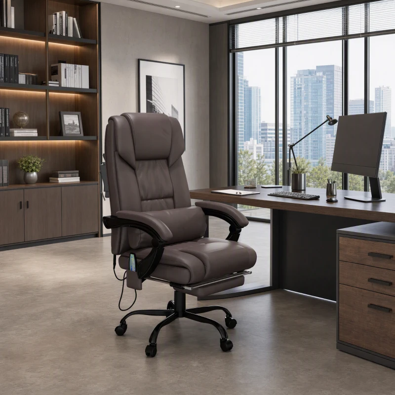 Vinsetto 6-Point Vibration Massage Chair, Height Adjustable Reclining Computer Chair with Retractable Footrest, Brown