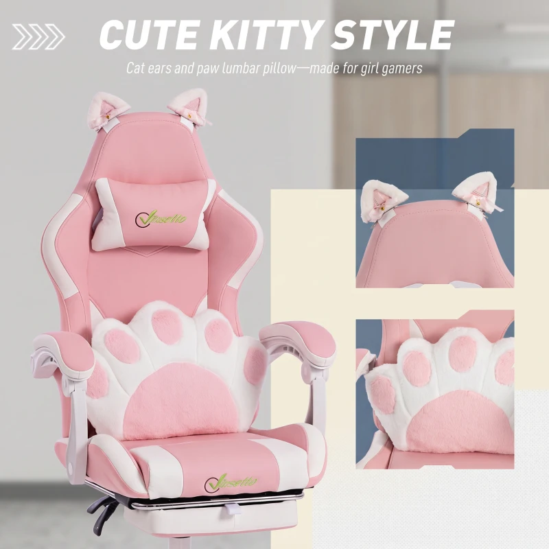 HOMCOM Cute Gaming Chair with Cat Ears, Gamer Computer Chair with Lumbar Support, Footrest, Headrest, Faux Leather, Pink
