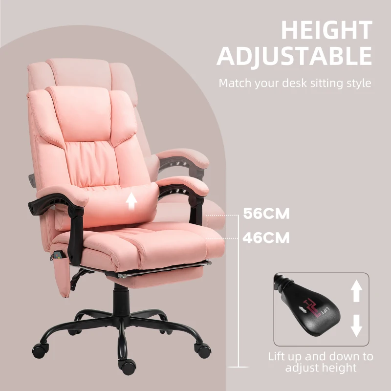 Vinsetto 6-Point Vibration Massage Chair, Height Adjustable Reclining Computer Chair with Retractable Footrest, Pink