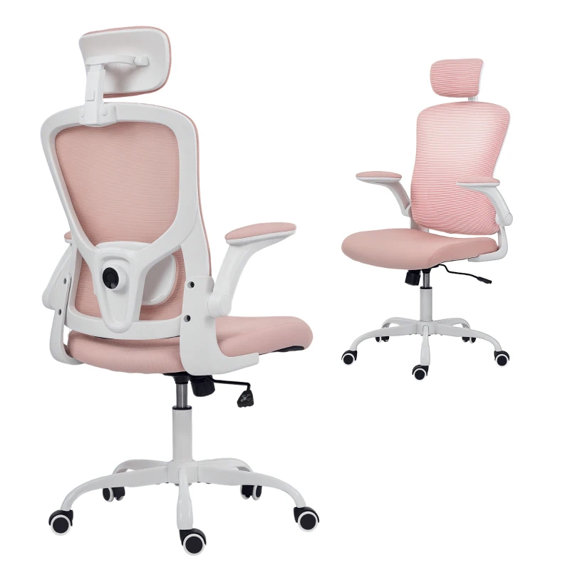 HOMCOM Ergonomic Office Chair, Mesh Desk Chair with Adjustable Headrest, Lumbar Support and Height, Flip-Up Armrests, Pink